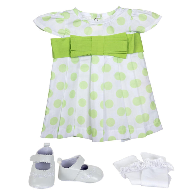 BLC C BU Fashion Set - White & Green Dress w/Bow Fits 20"